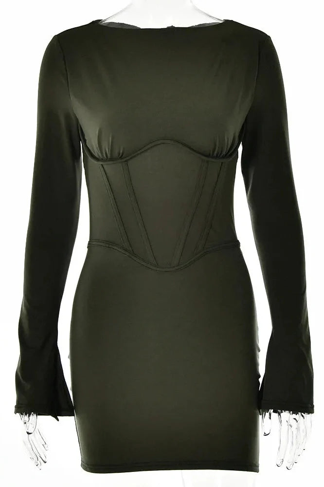 Full Sleeve O Neck Corset Backless Bodycon Mini Dress