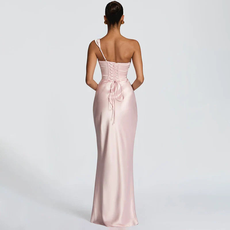 One Shoulder Sleeveless Pleated Lace-Up Maxi Dress