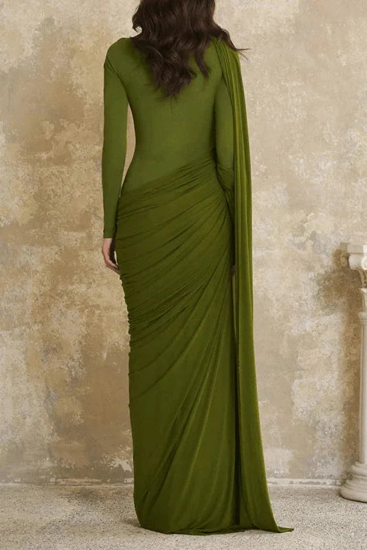 Long Sleeve High Waist Slim Pleated Maxi Dress