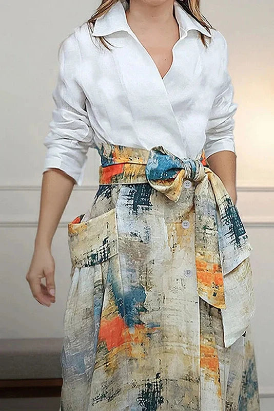 Long Sleeve Lace Up Printed High Waist Pleated Midi Dress
