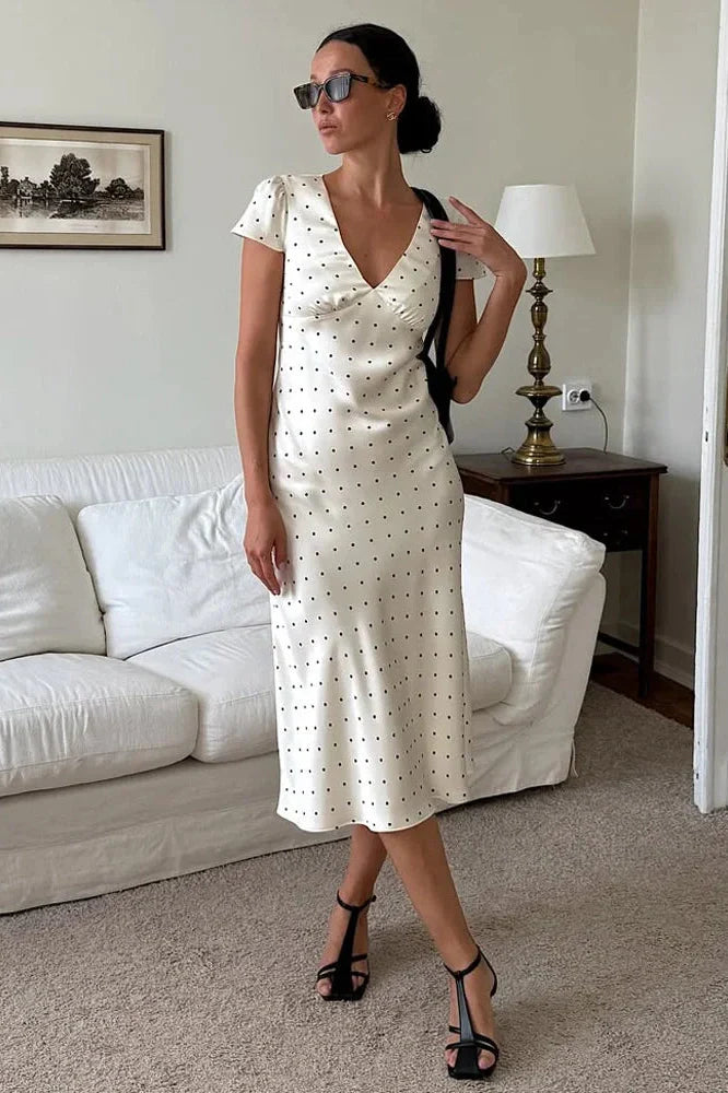 V-Neck Printed High Waist Slim Midi Dress