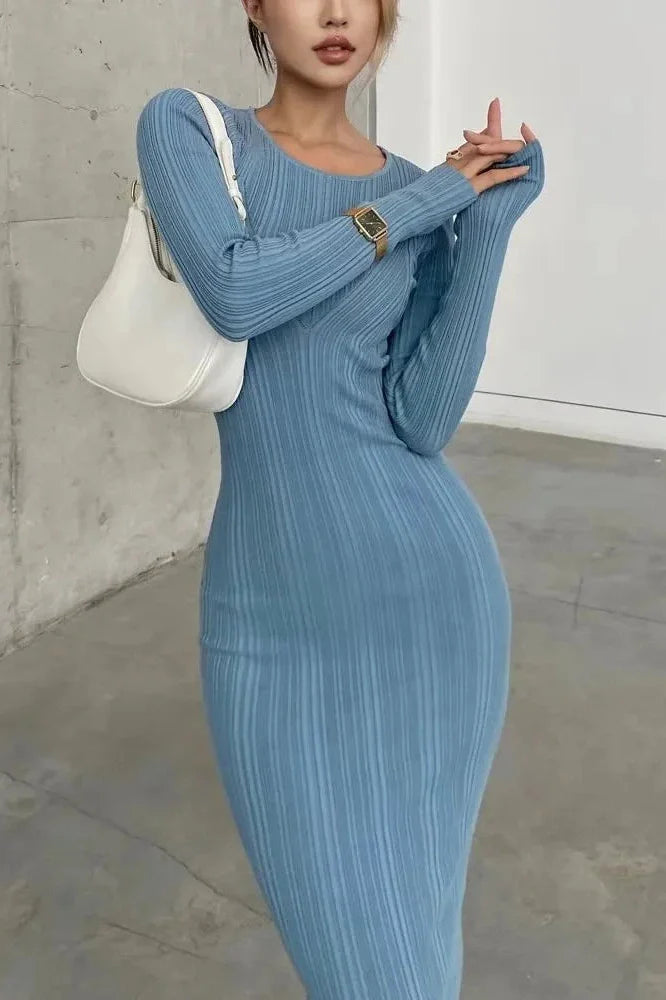 Long Sleeve Slim High Waist Patchwork Midi Dress