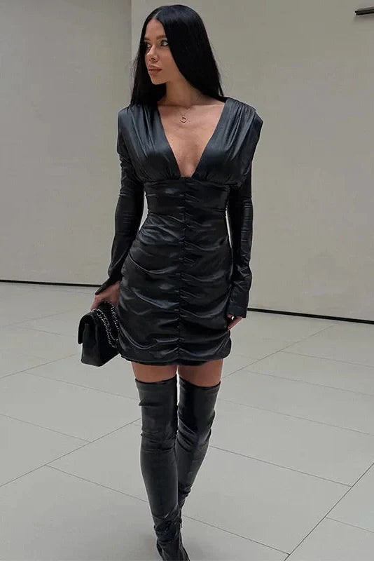 Pleated Long-Sleeved V-Neck Slim Patchwork Mini Dress