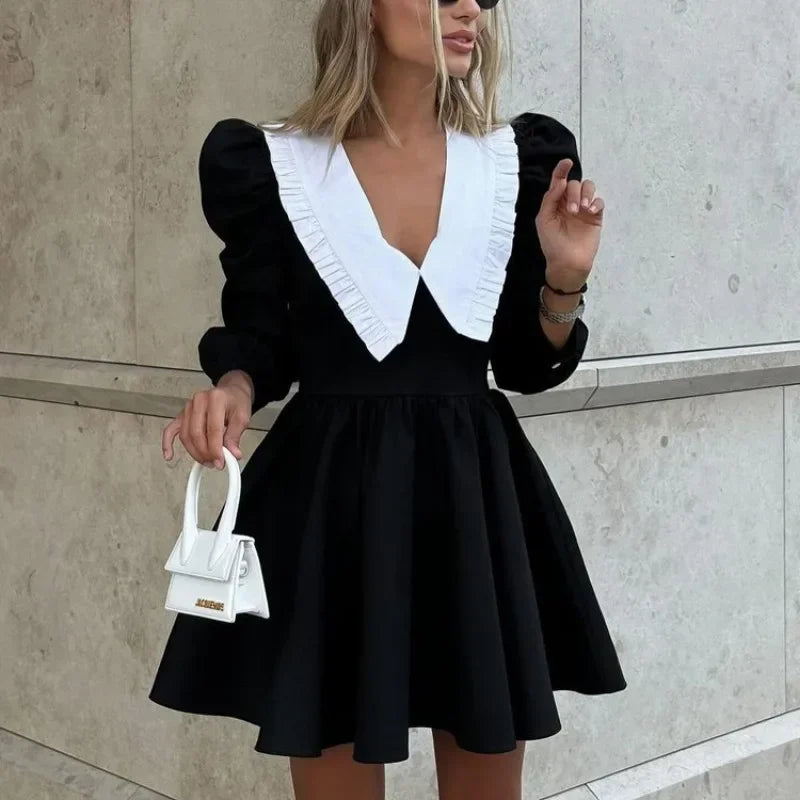 Patchwork Long Sleeve Pleated Mini Dress