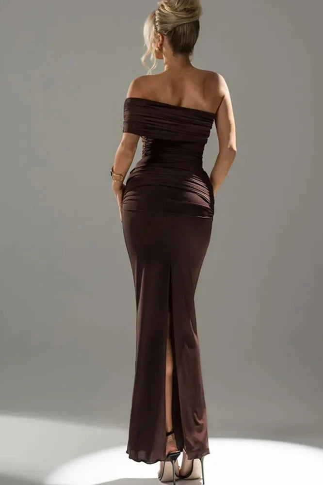 Oblique Shoulder Split Sleeveless Slim Fit Maxi Dress