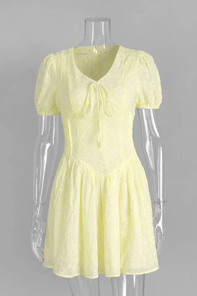 Lace-Up Printed V-Neck Slim Short Sleeve Mini Dress