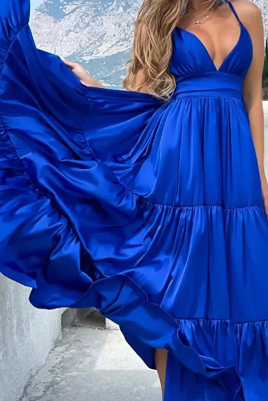 Pleated V-Neck Sleeveless High Waist Maxi Dress