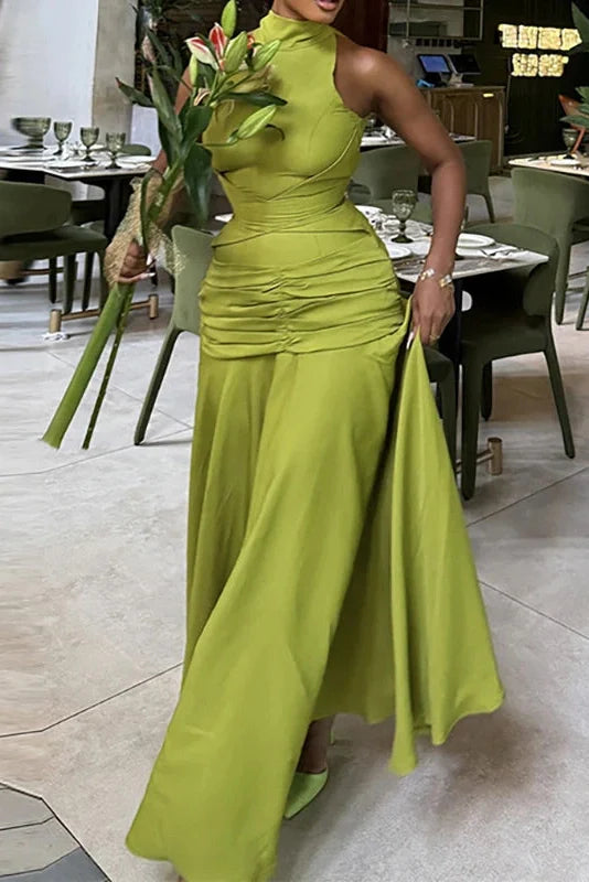 Hollow Out High Waist Lace Up Sleeveless Pleated Maxi Dress