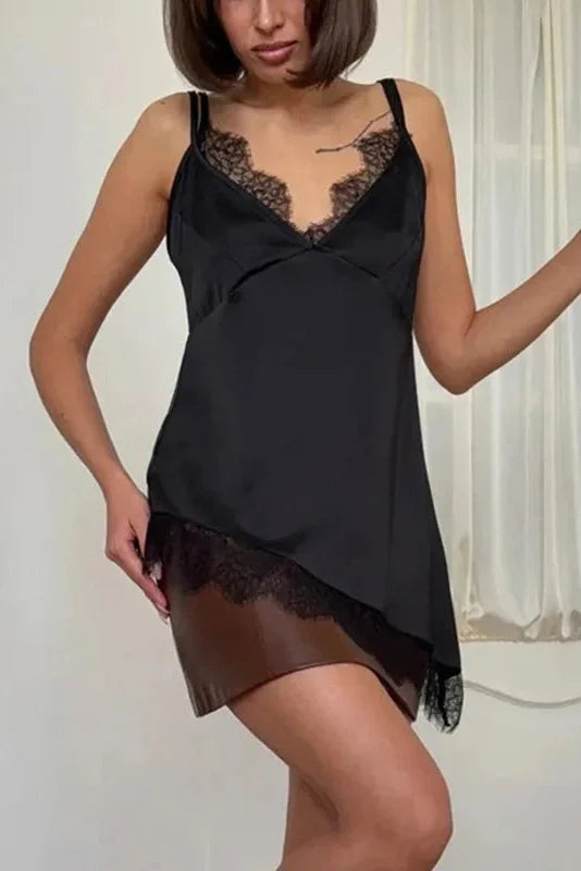 Lace V-Neck Backless High Waist Patchwork Mini Dress