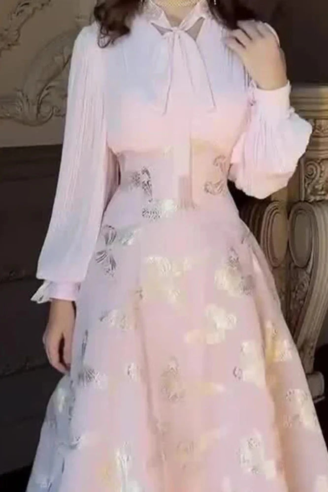 Elegant High Waist Printed Long Sleeve Pleated Maxi Dress