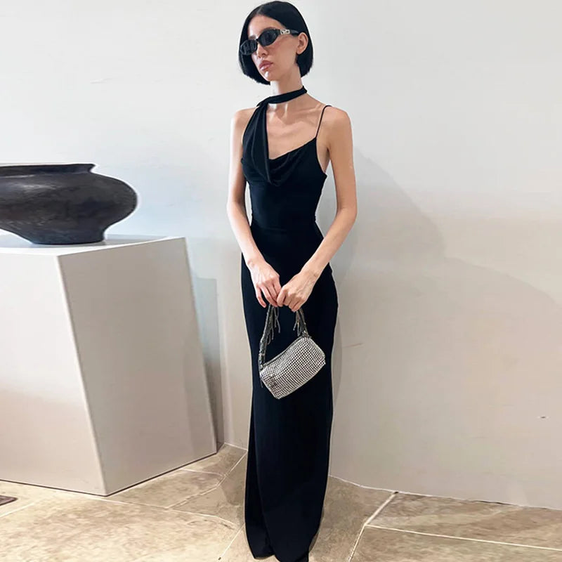 V Neck Backless Scarf Ribbon Patchwork Sleeveless Maxi Dress