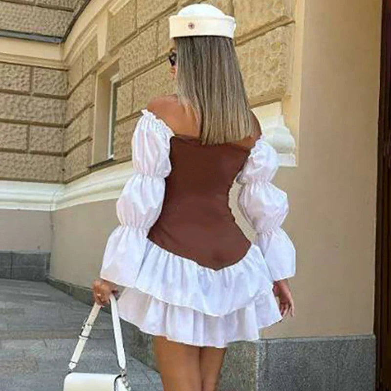Off Shoulder Pleated Patchwork Puff Sleeve Mini Dress