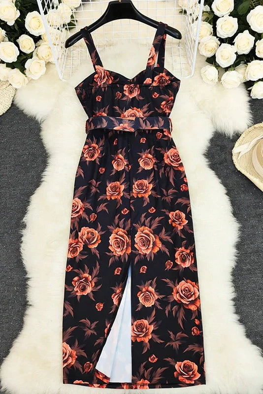 Backless Printed Slim Sleeveless High Waist Midi Dress