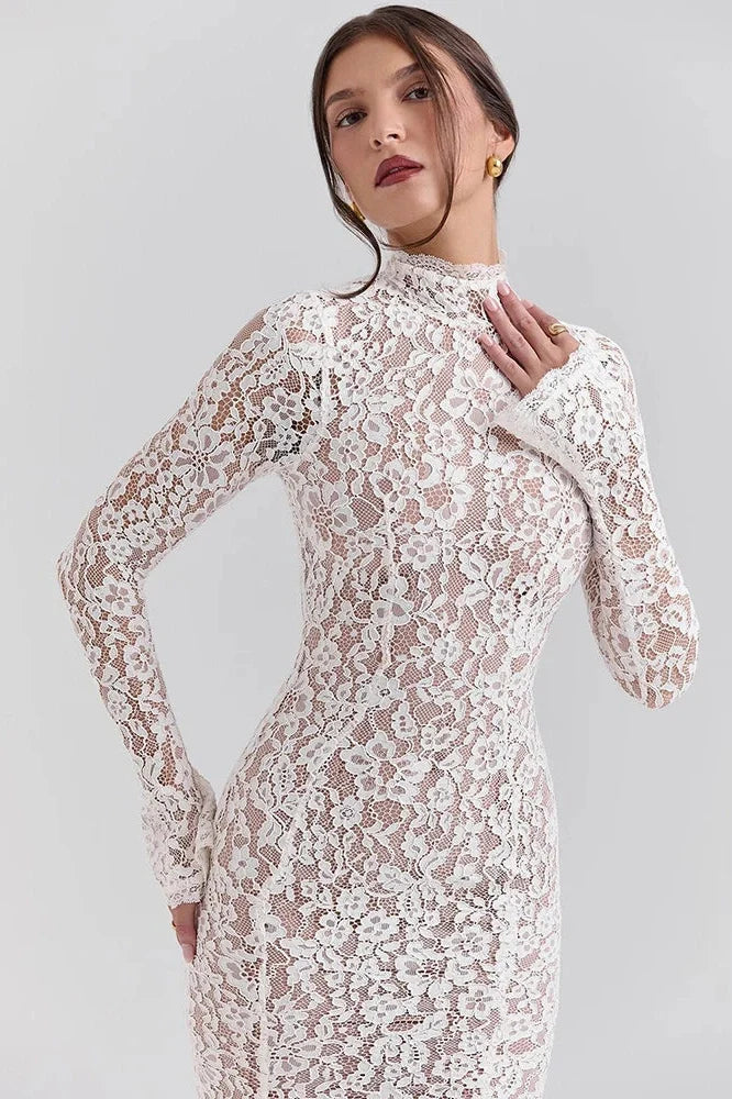 Lace Long Sleeve High Waist Bodycon Midi Dress