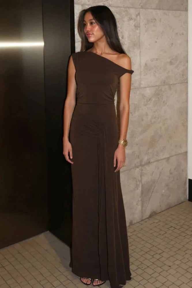 One Shoulder Slim Sleeveless Patchwork Pleated Maxi Dress