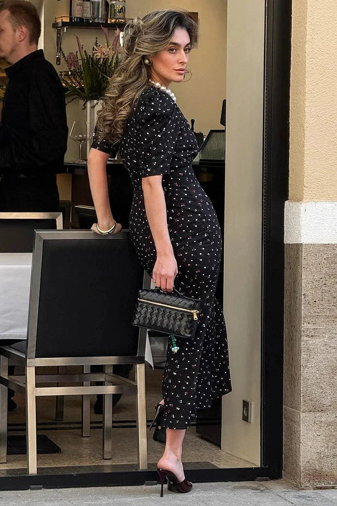 Elegant Printed Puff Sleeve V-Neck High Waist Maxi Dress