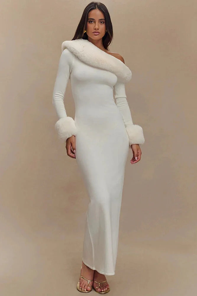 Backless Long Sleeve One Shoulder High Split Maxi Dress