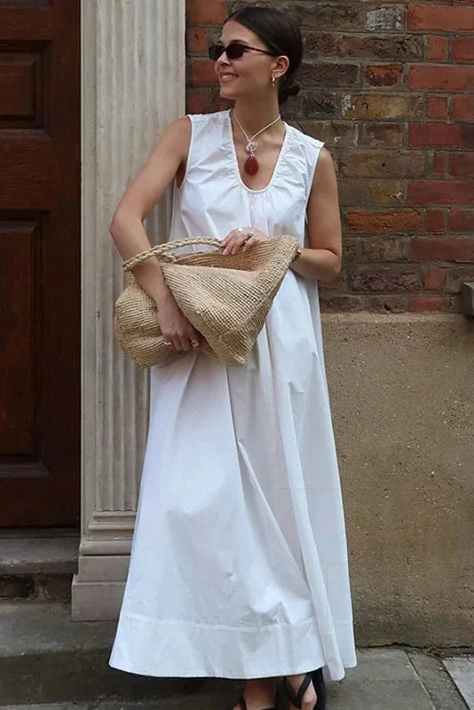 Sleeveless Cotton U-Neck Loose Maxi Dress