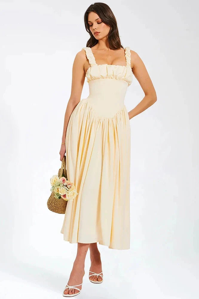 Elegant Square Collar Sleeveless Backless Midi Dress