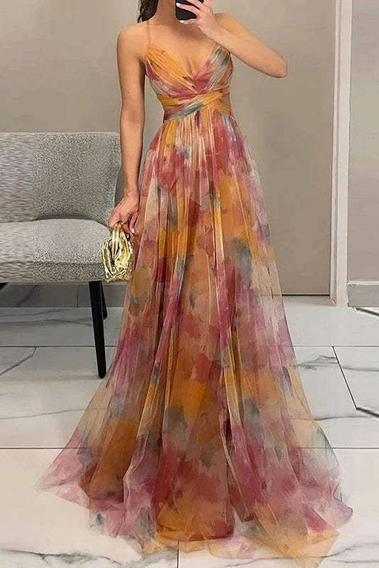 Elegant Print Pleated V Neck High Waist Backless Maxi Dress