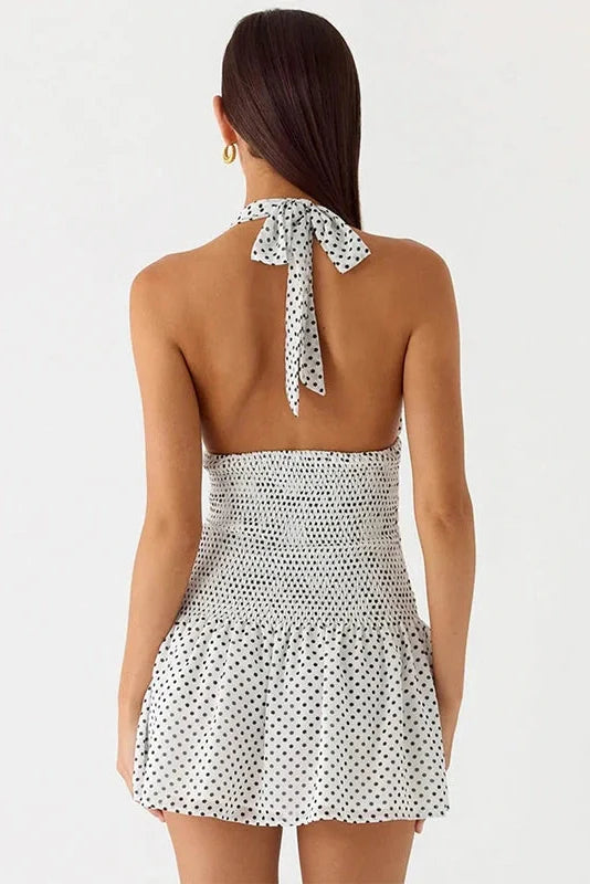 Polka Dot Lace-Up Pleated Waist Backless Mini Dress