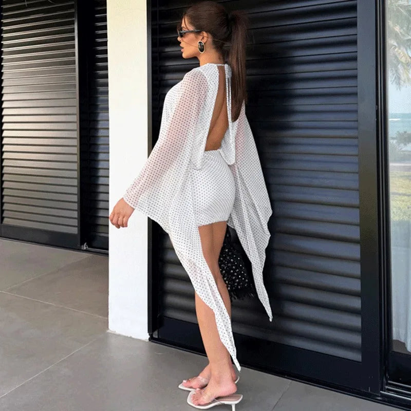 Elegant Polka Dot Lace-Up V-Neck See-Through Mini Dress