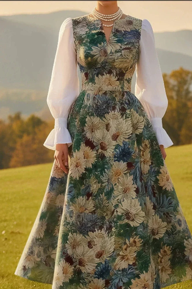 Elegant High Waist Pleated V-Neck Printed Midi Dress
