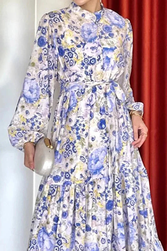 Printed Pleated Long Sleeve High Waist Button A-Line Maxi Dress