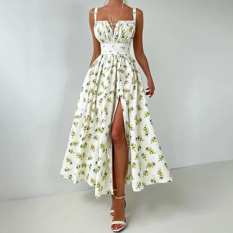 Printed Lace Up High Waist Maxi Dress