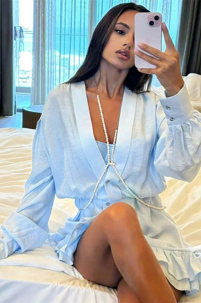 V-Neck Lace-Up Loose Long Sleeve Mini Dress