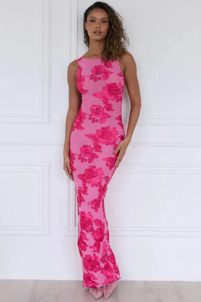 Elegant Floral Print Embroidered Maxi Dress