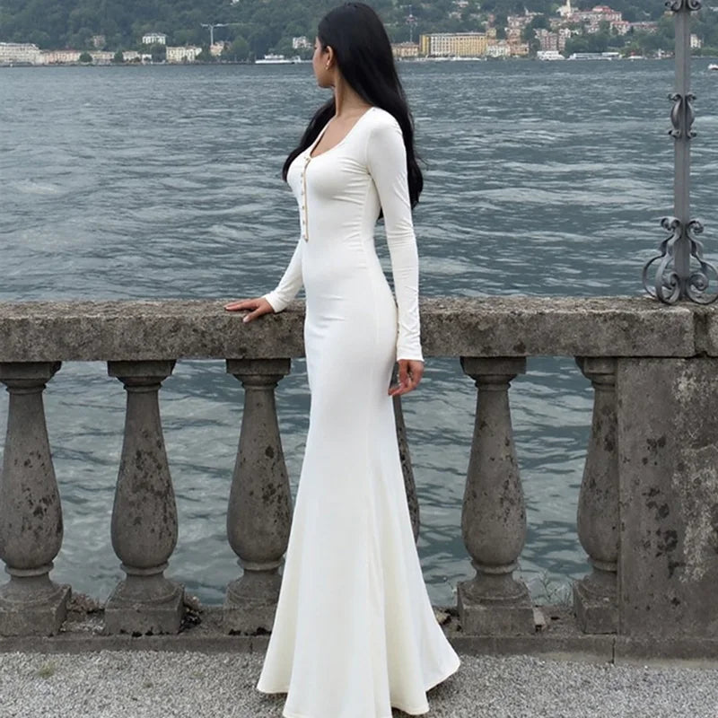 Button Square Neck Long Sleeve Maxi Dress