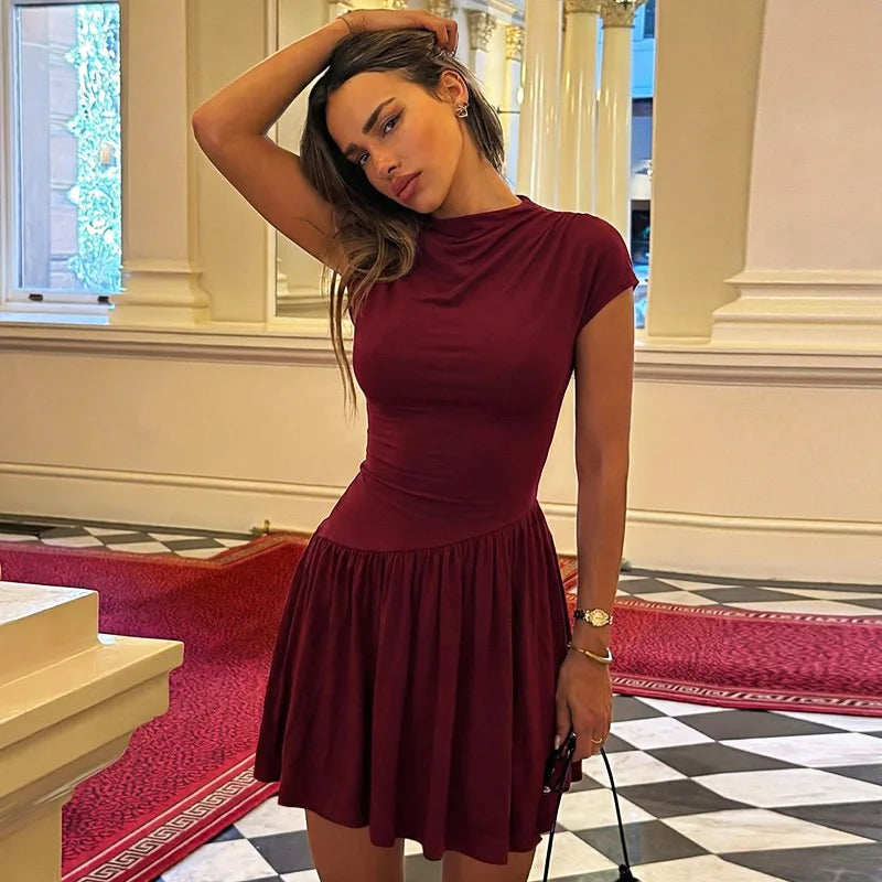 Lace Up Patchwork Elegant Round Neck Mini Dress