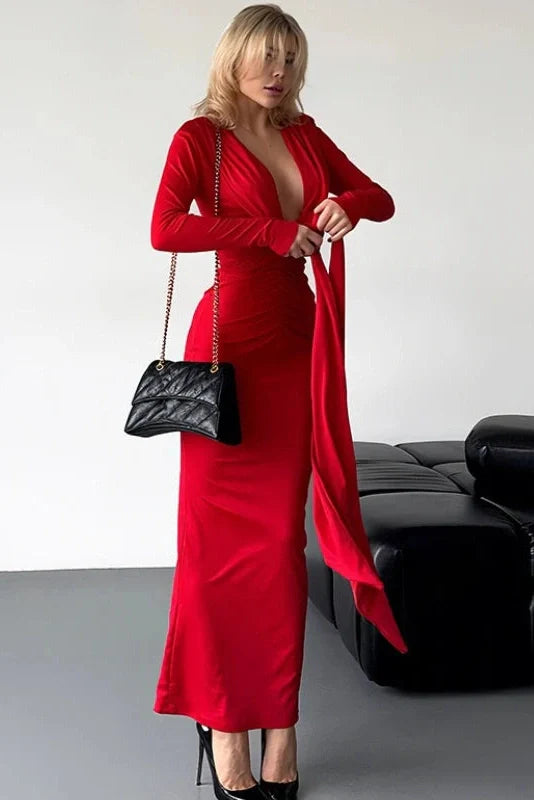 Elegant Pleated V-Neck Maxi Dress