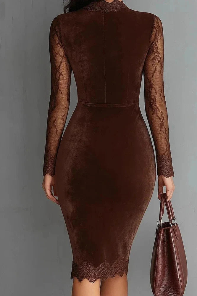 Lace Hollow Out See-Through Sleeve Slim High Waist Midi Dress