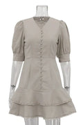 Lantern Sleeve A-Line V-Neck Single-Breasted High Waist Mini Dress