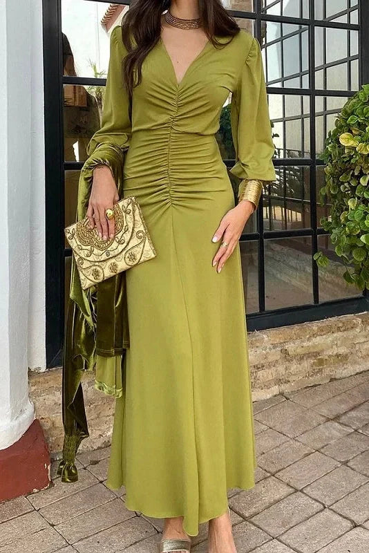 V Neck Slim Pleated A-Line Long Sleeve Maxi Dress