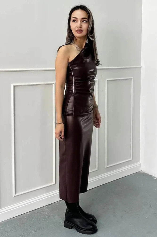 Elegant PU Leather Slim Backless Irregular Midi Dress