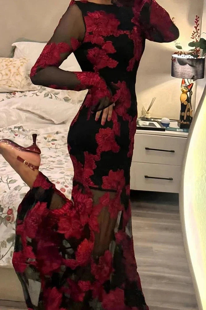 Lace Embroidery Floral Fit See-Through Backless High Waist Maxi Dress