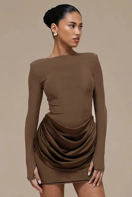 Elegant Pleated Slim Round Neck Long Sleeve Mini Dress
