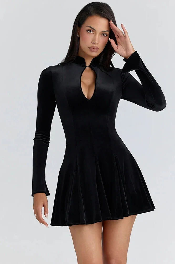 Hollow Out Long Sleeve Velvet Turtleneck High Waist A-line Mini Dress