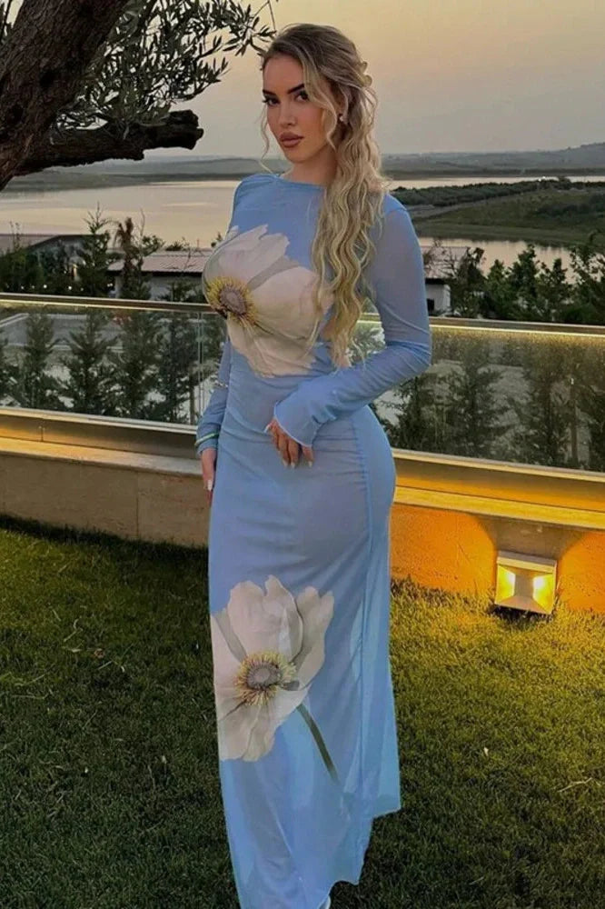 See Through Printed Long Sleeve Lace-Up Backless Maxi Dress