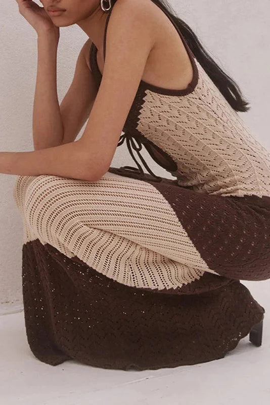Hollow Out Sleeveless Stripe Print V-Neck Maxi Dress