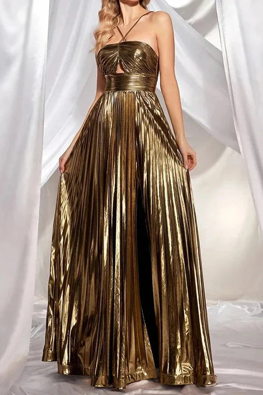 Hollow Out High Waist Sleeveless Pleated Backless Maxi Dress