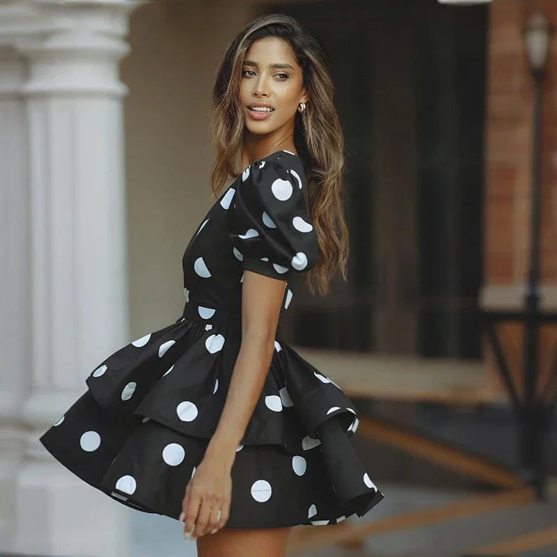 Deep V Neck Printed Puff Sleeve  A-Line Mini Dress