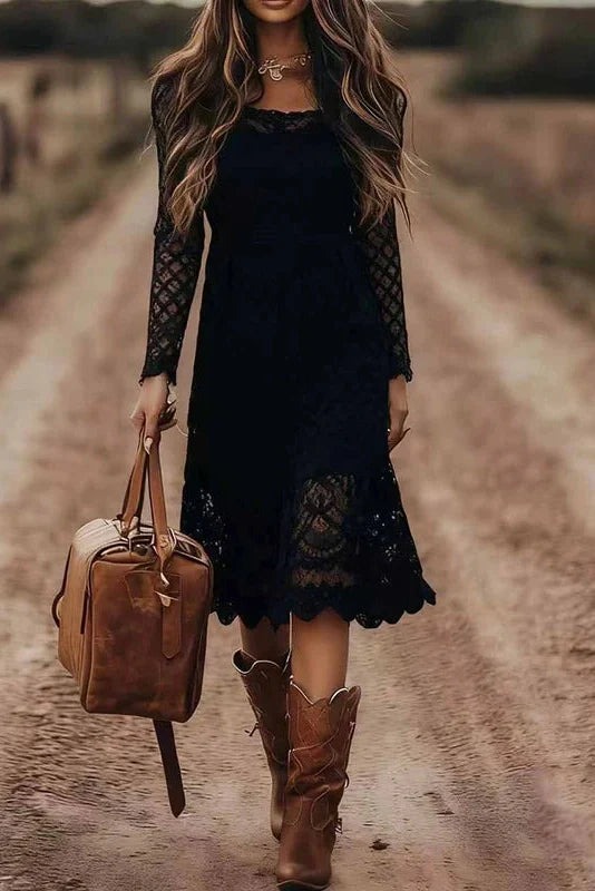 Lace Embroidery U-Collar Long Sleeve High Waist Midi Dress