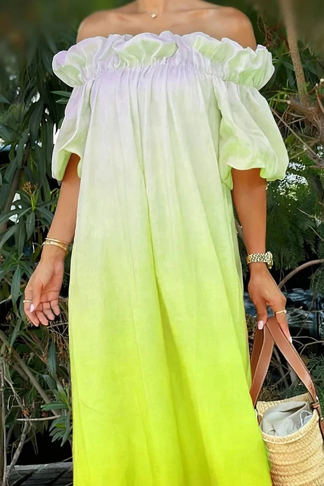 Off-Shoulder Pleated Loose Slash Collar Printed Maxi Dress