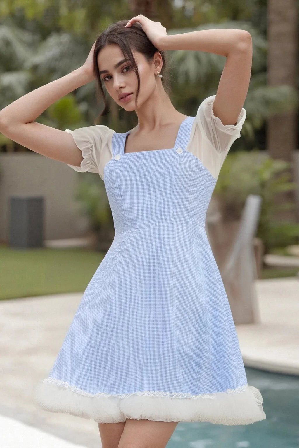 Plaid Square Neck Short Sleeve A-Line Mini Dress