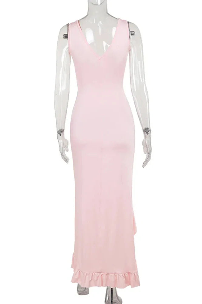 Elegant Sleeveless Deep V Neck Backless High Split Maxi Dress