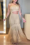 Hollow Out High Waist Knitted Sleeveless Slim Maxi Dress